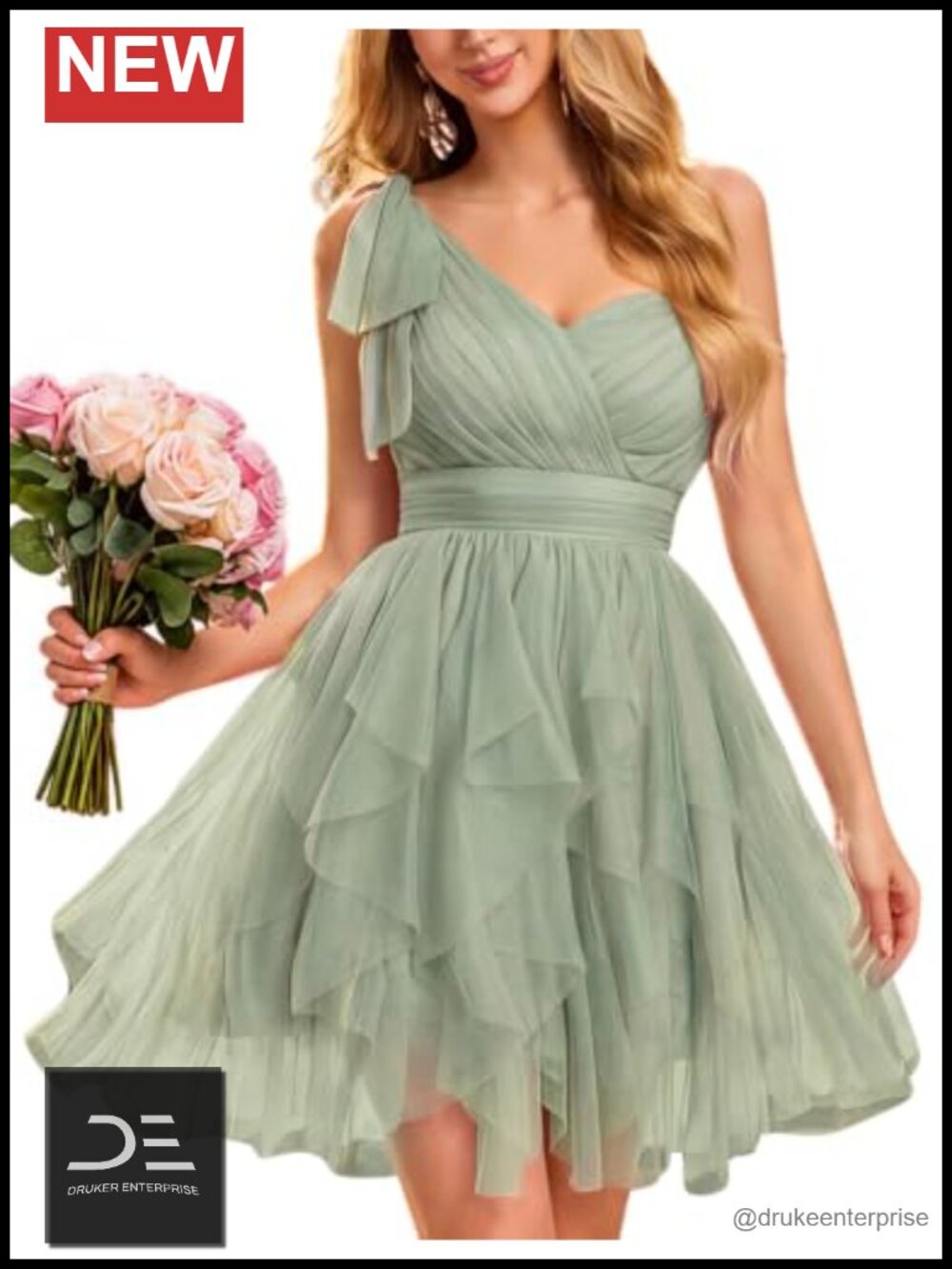 One Shoulder Tulle Mini Dress Lace Up Back Ruffle A-Line Formal
